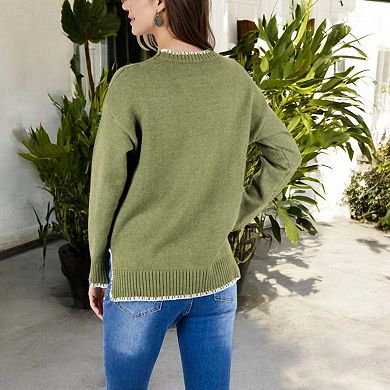 Women's Crew Neck Long Sleeve Knit Sweater with Contrast Trim and Ribbed Hem