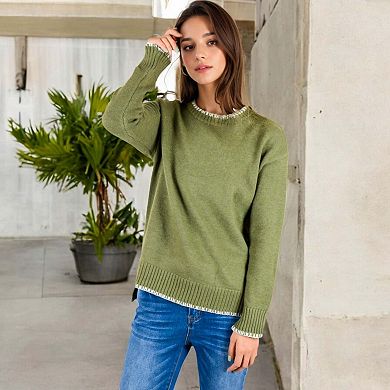 Women's Crew Neck Long Sleeve Knit Sweater with Contrast Trim and Ribbed Hem