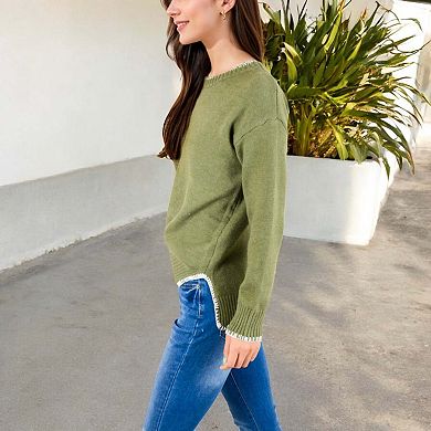Women's Crew Neck Long Sleeve Knit Sweater with Contrast Trim and Ribbed Hem