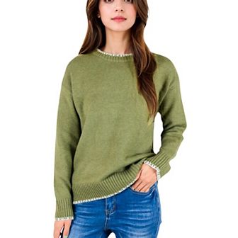 Women's Crew Neck Long Sleeve Knit Sweater with Contrast Trim and Ribbed Hem