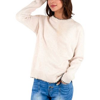 Women's Crew Neck Long Sleeve Knit Sweater with Contrast Trim and Ribbed Hem