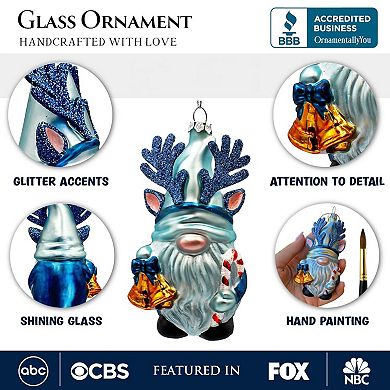 Charming Blue Gnome with Antlers Glass Christmas Ornament