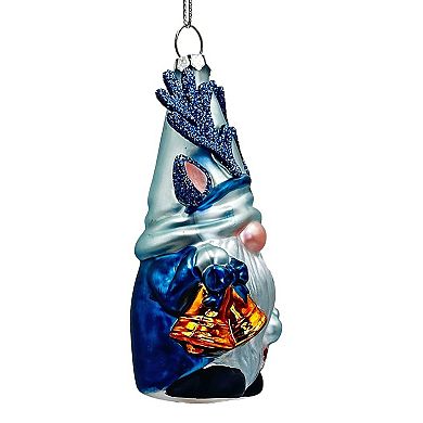 Charming Blue Gnome with Antlers Glass Christmas Ornament