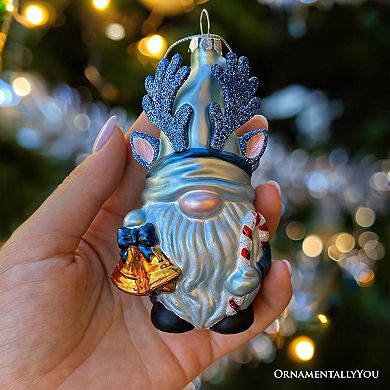 Charming Blue Gnome with Antlers Glass Christmas Ornament