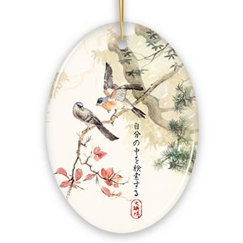 Vintage Traditional Zen Japanese Ink and Watercolor Painting of Wood Pigeons with a Haiku Ornament