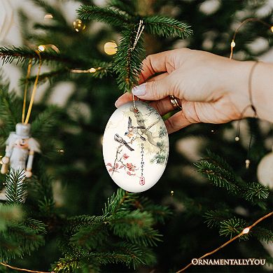 Vintage Traditional Zen Japanese Ink and Watercolor Painting of Wood Pigeons with a Haiku Ornament