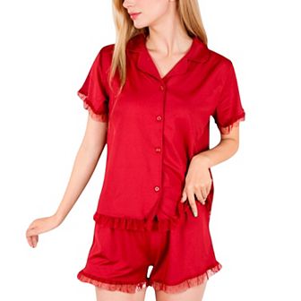 Women's Button-Up Short Sleeve Pajama Set with Ruffled Trim and Shorts
