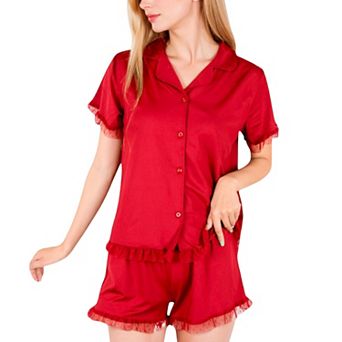 Women's Button-Up Short Sleeve Pajama Set with Ruffled Trim and Shorts