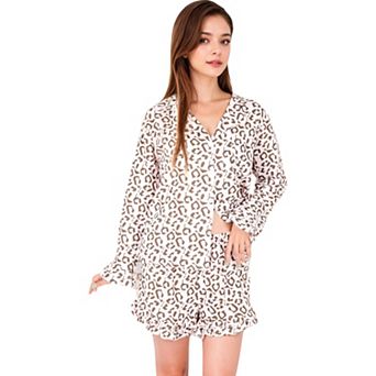 Women's Button-Down Leopard Print Pajama Set with Ruffled Hem Shorts