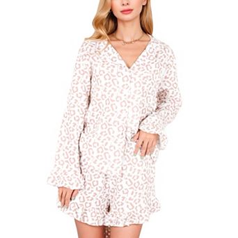 Women's Button-Down Leopard Print Pajama Set with Ruffled Hem Shorts