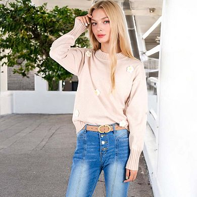 Women's Knit Pullover Sweater with Embroidered 3D Floral Appliques