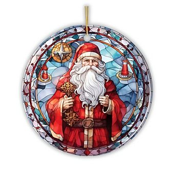 Stained Glass Themed Santa Claus Ceramic Ornament, Christmas Tree Decoration and Gift