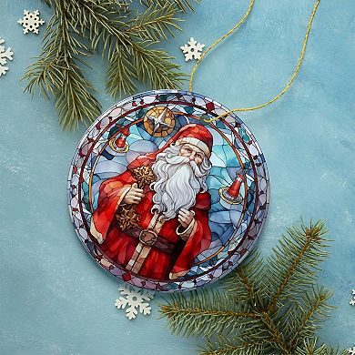 Stained Glass Themed Santa Claus Ceramic Ornament, Christmas Tree Decoration and Gift
