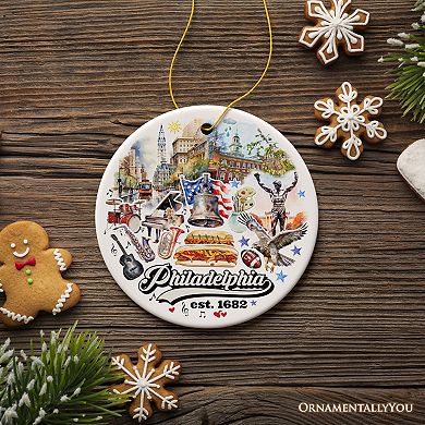 Artistic Philadelphia Handcrafted Ceramic Ornament, Vintage Pennsylvania Souvenir Gift, Circle