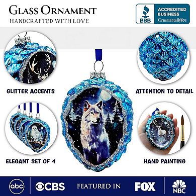 Arctic Animal Illustration Pinecone Glass Christmas Ornament Set