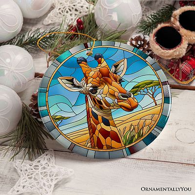 Giraffe Rendezvous Stained Glass Style Ceramic Ornament, African