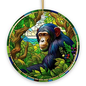 A Primate Safari Chimpanzee Stained Glass Style Ceramic Ornament, African Animals Christmas Gift