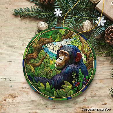 A Primate Safari Chimpanzee Stained Glass Style Ceramic Ornament, African Animals Christmas Gift