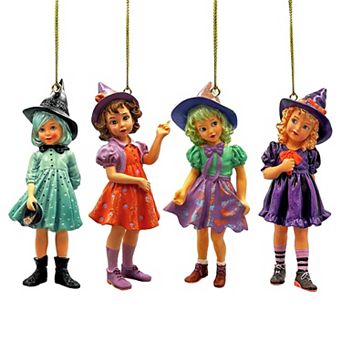 Classic Victorian Little Witch Girls Set of 4 Ornaments, Vintage Halloween Tree Resin Decoration