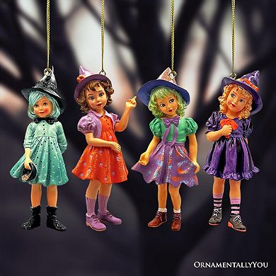 Classic Victorian Little Witch Girls Set of 4 Ornaments, Vintage Halloween Tree Resin Decoration