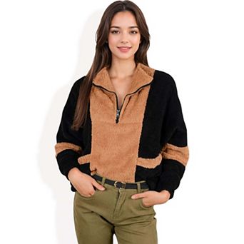 Women's Color Block Teddy Zip Up Sweater