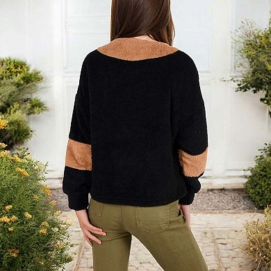 Women's Color Block Teddy Zip Up Sweater