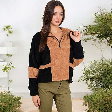 Women's Color Block Teddy Zip Up Sweater