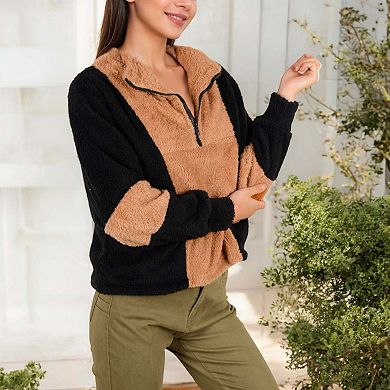 Women's Color Block Teddy Zip Up Sweater