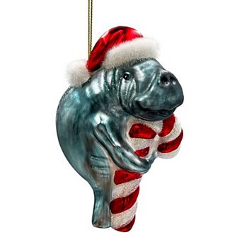 Aquatic Manatee Glass Christmas Ornament, Sea Cow Coastal Ocean Animal Holiday Decoration