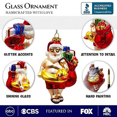 Santa on Summer Vacation in the Pool Quirky Glass Christmas Ornament, Rubber Duckey Tropical Holiday