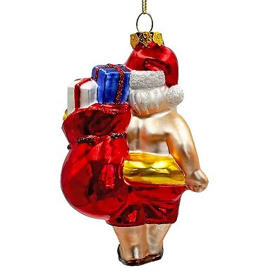 Santa on Summer Vacation in the Pool Quirky Glass Christmas Ornament, Rubber Duckey Tropical Holiday