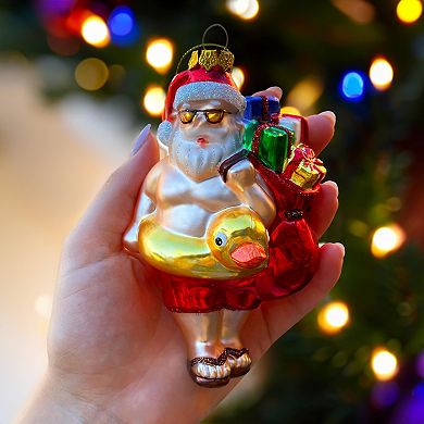 Santa on Summer Vacation in the Pool Quirky Glass Christmas Ornament, Rubber Duckey Tropical Holiday