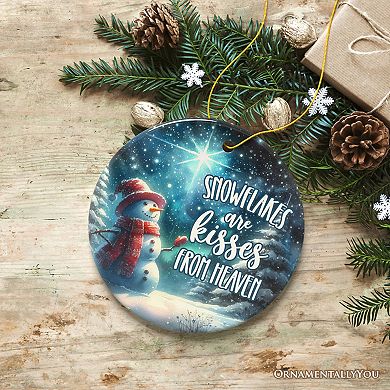 Snowflakes are Kisses from Heaven Ornament, Snowman in Magical Night Remembrance Gift, Circle