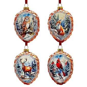 Illustrious Pinecone Beauties Woodland Animal Set of Four Glass Christmas Ornaments, Deer, Fox, Owl