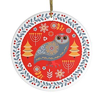 Ethnic Folk Owl Christmas Ornament, Scandinavian Vintage Theme, Circle Version