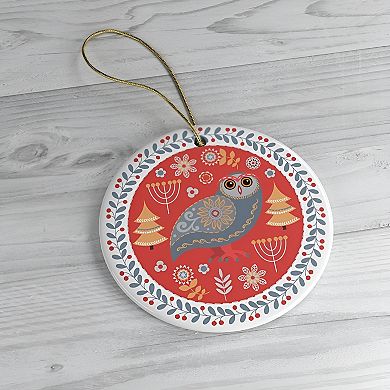 Ethnic Folk Owl Christmas Ornament, Scandinavian Vintage Theme, Circle Version