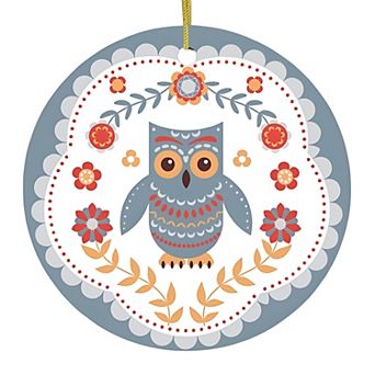 Scandinavian Owl Ornament, Ethnic Folk Boho Decoration, Mexican Style, Circle Version