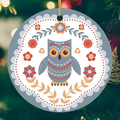 Scandinavian Owl Ornament, Ethnic Folk Boho Decoration, Mexican Style, Circle Version