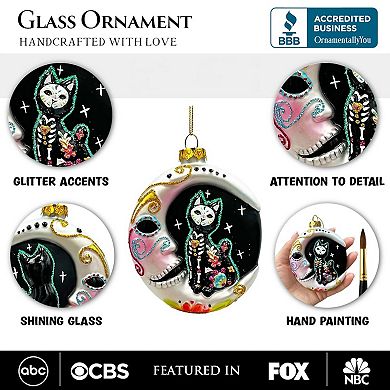 Folkloric Siamese Cat Sugar Skull Glass Ornament, Celestial Crescent Moon Halloween Decor