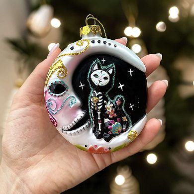 Folkloric Siamese Cat Sugar Skull Glass Ornament, Celestial Crescent Moon Halloween Decor