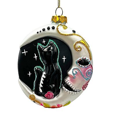 Folkloric Siamese Cat Sugar Skull Glass Ornament, Celestial Crescent Moon Halloween Decor