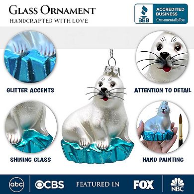 White Seal on a Glacier Glass Christmas Ornament, Pinnipeds and Sea Lion Themed Decor
