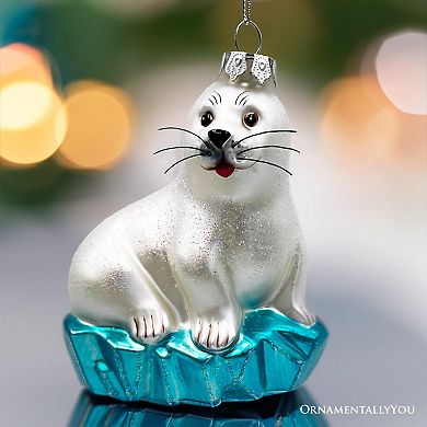 White Seal on a Glacier Glass Christmas Ornament, Pinnipeds and Sea Lion Themed Decor