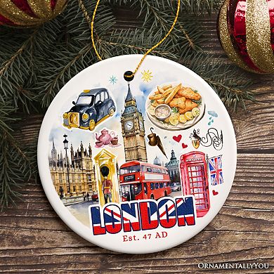 Classic London Artwork City Full of Landmarks Ornament, Vintage Souvenir of England