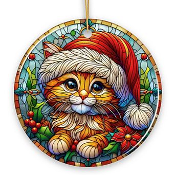 Adorable Cat in Santa Hat Stained Glass Style Ceramic Ornament, Christmas Gift and Decor