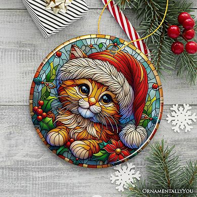 Adorable Cat in Santa Hat Stained Glass Style Ceramic Ornament, Christmas Gift and Decor