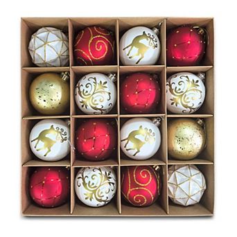 Charming Elegance Ornament Bundle 16 pc Set, Red White and Gold with Glitter Premium Shatterproof