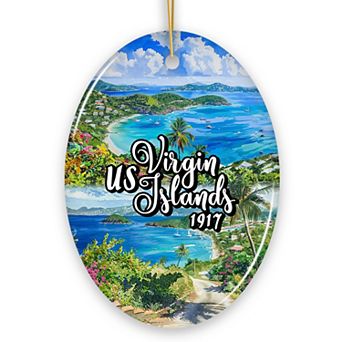 Artistic US Virgin Islands Ornament, Tropical Beach Paradise in Atlantic Ocean Souvenir, Oval
