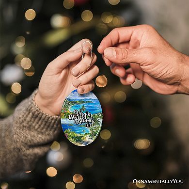 Artistic US Virgin Islands Ornament, Tropical Beach Paradise in Atlantic Ocean Souvenir, Oval