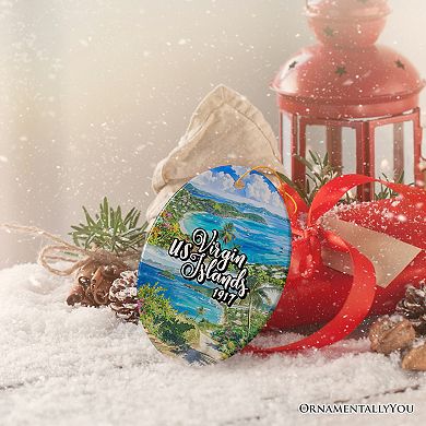 Artistic US Virgin Islands Ornament, Tropical Beach Paradise in Atlantic Ocean Souvenir, Oval